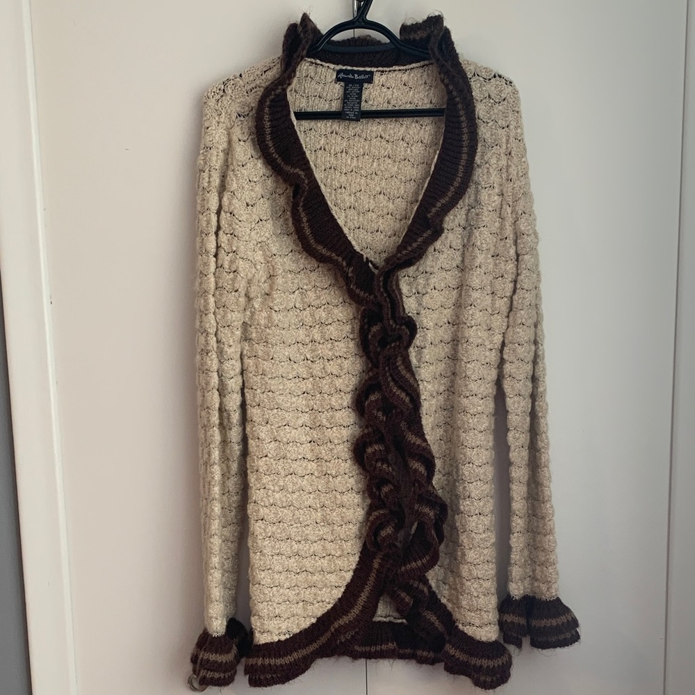 Vintage Alexandra Bartlett 90s Cream & Brown Long Ruffle Trim Cardigan Size XL